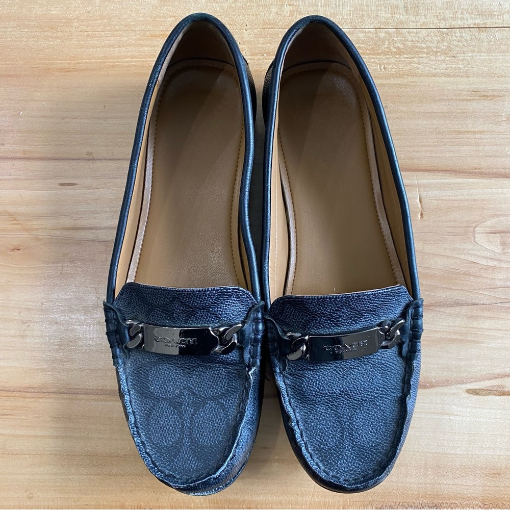 COACH Olive Black Gray Signature Logo Print Canvas Leather Loafer